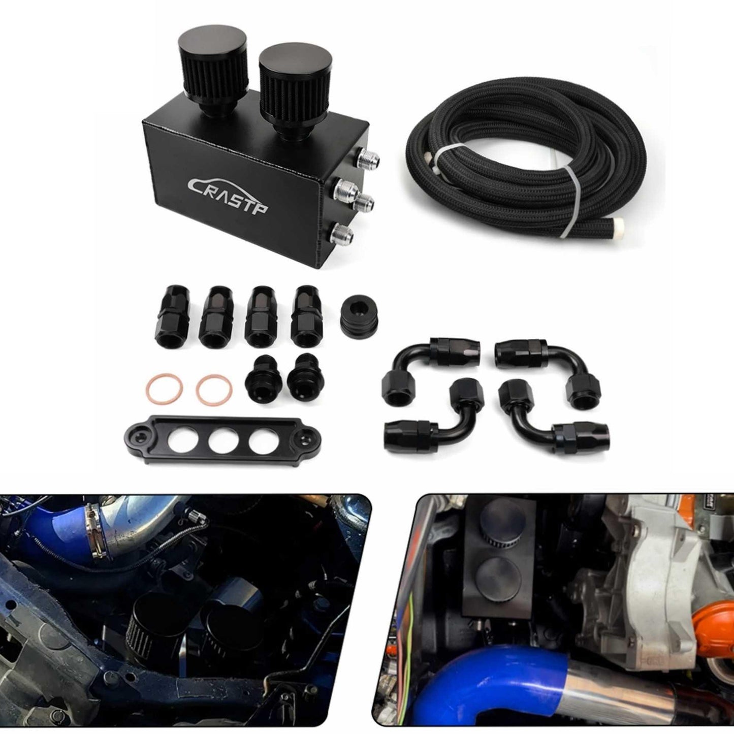 2L Oil Catch Can Breather Tank with 3M AN10 Fuel Hoses and Fitting Battery Tie Down for Honda Civic Integra EK EG DC