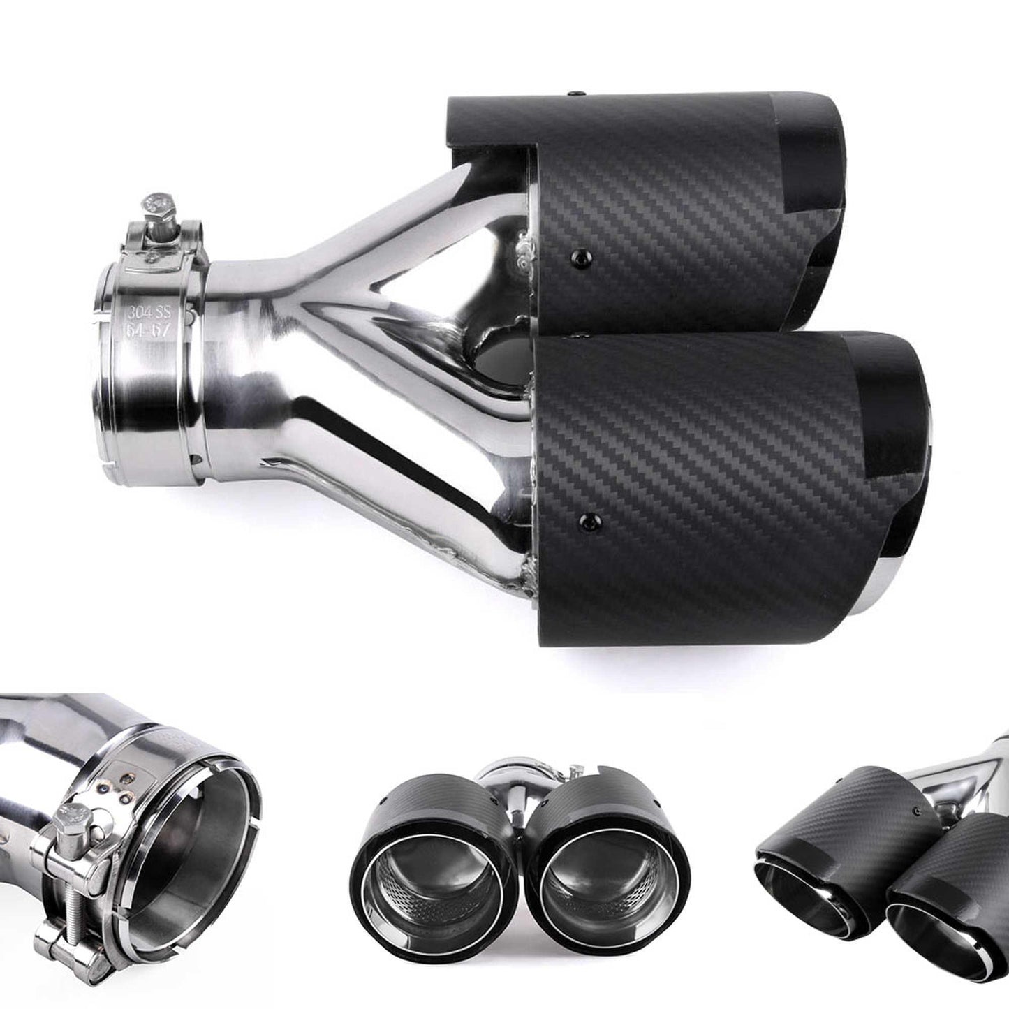 Universal Carbon Fiber Dual Exhaust Tip Double End Pipe Inlet 61mm Exhaust Tips for Volkswagen BMW Porsche