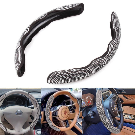 Universal 14 Inch Black Rhinestone Steering Wheel Cover Bling