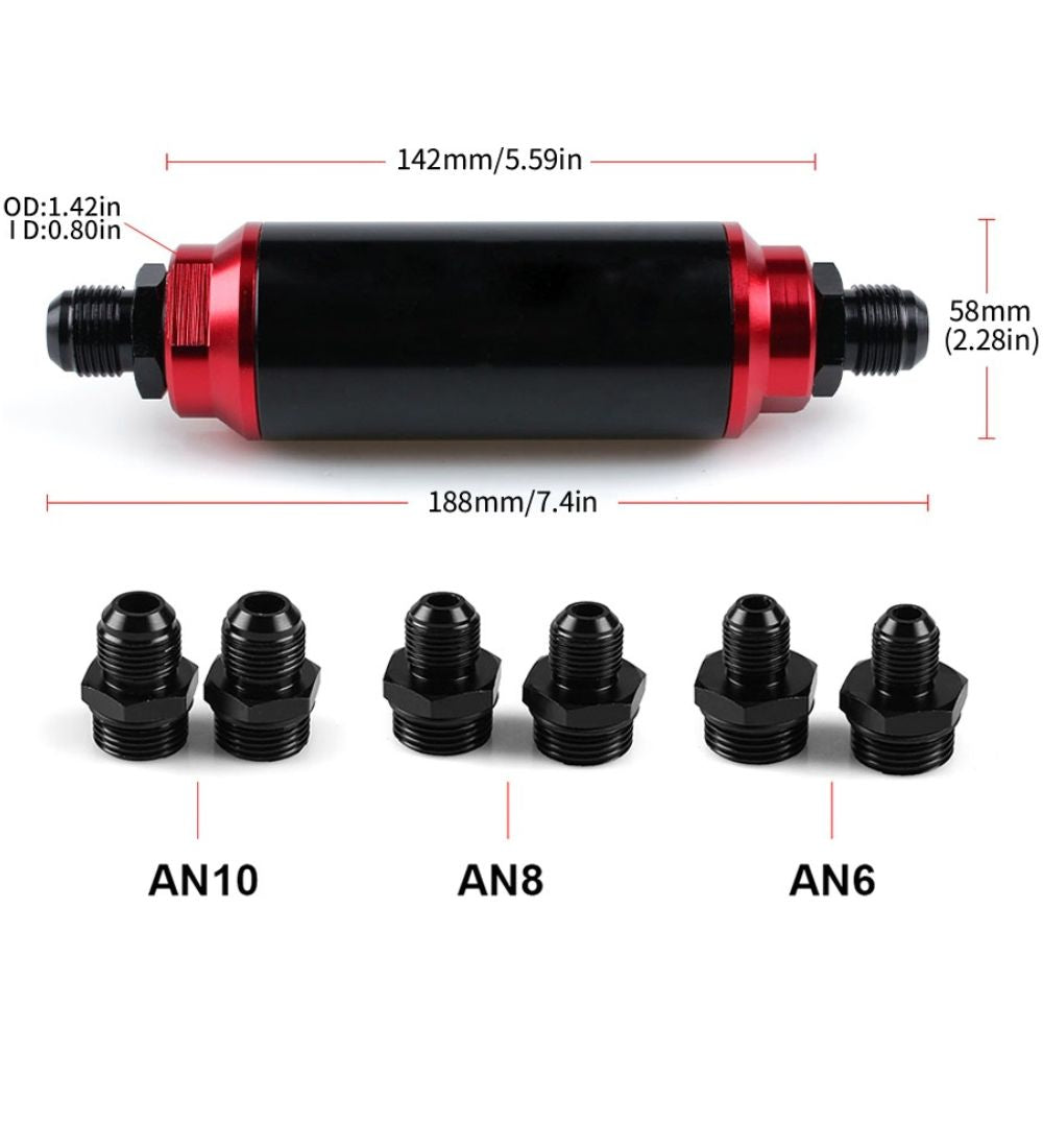 Inline Fuel Filter 60 Micron with 6AN 8AN 10AN Adapter Universal 44MM