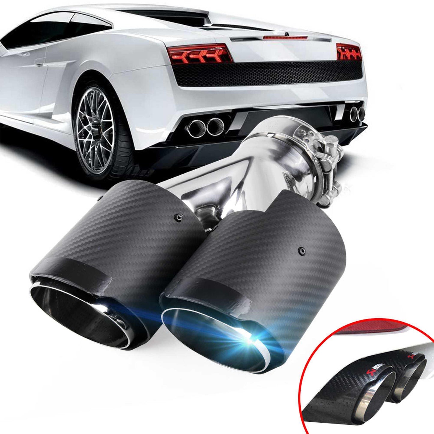 Universal Carbon Fiber Dual Exhaust Tip Double End Pipe Inlet 61mm Exhaust Tips for Volkswagen BMW Porsche