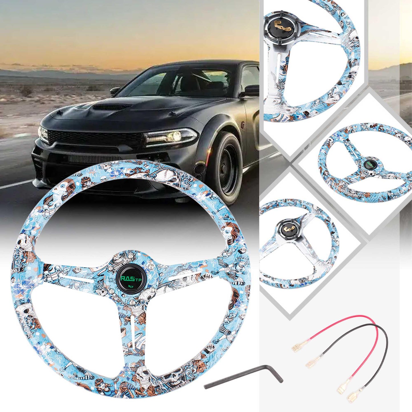 14Inch/350mm Acrylic Steering Wheel Graffiti Steering Wheel 6 Bolt with Horn