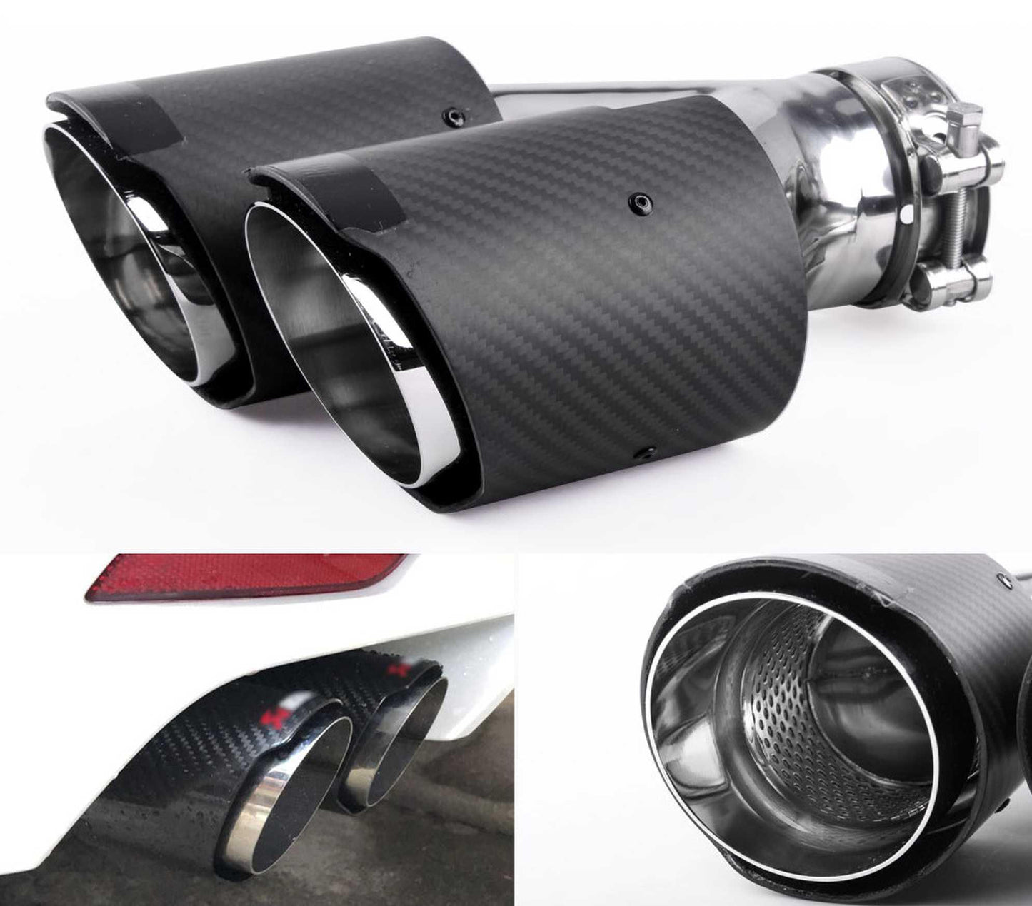 Universal Carbon Fiber Dual Exhaust Tip Double End Pipe Inlet 61mm Exhaust Tips for Volkswagen BMW Porsche