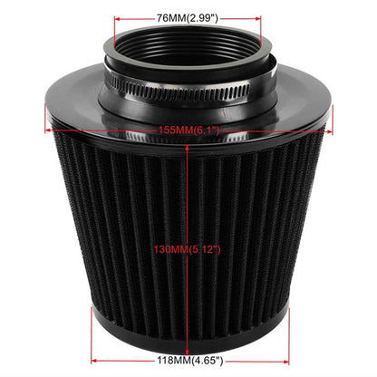 Universal 76mm High Performance Cold Air Filter Clamp-On Air Intake Filter Washable Filter