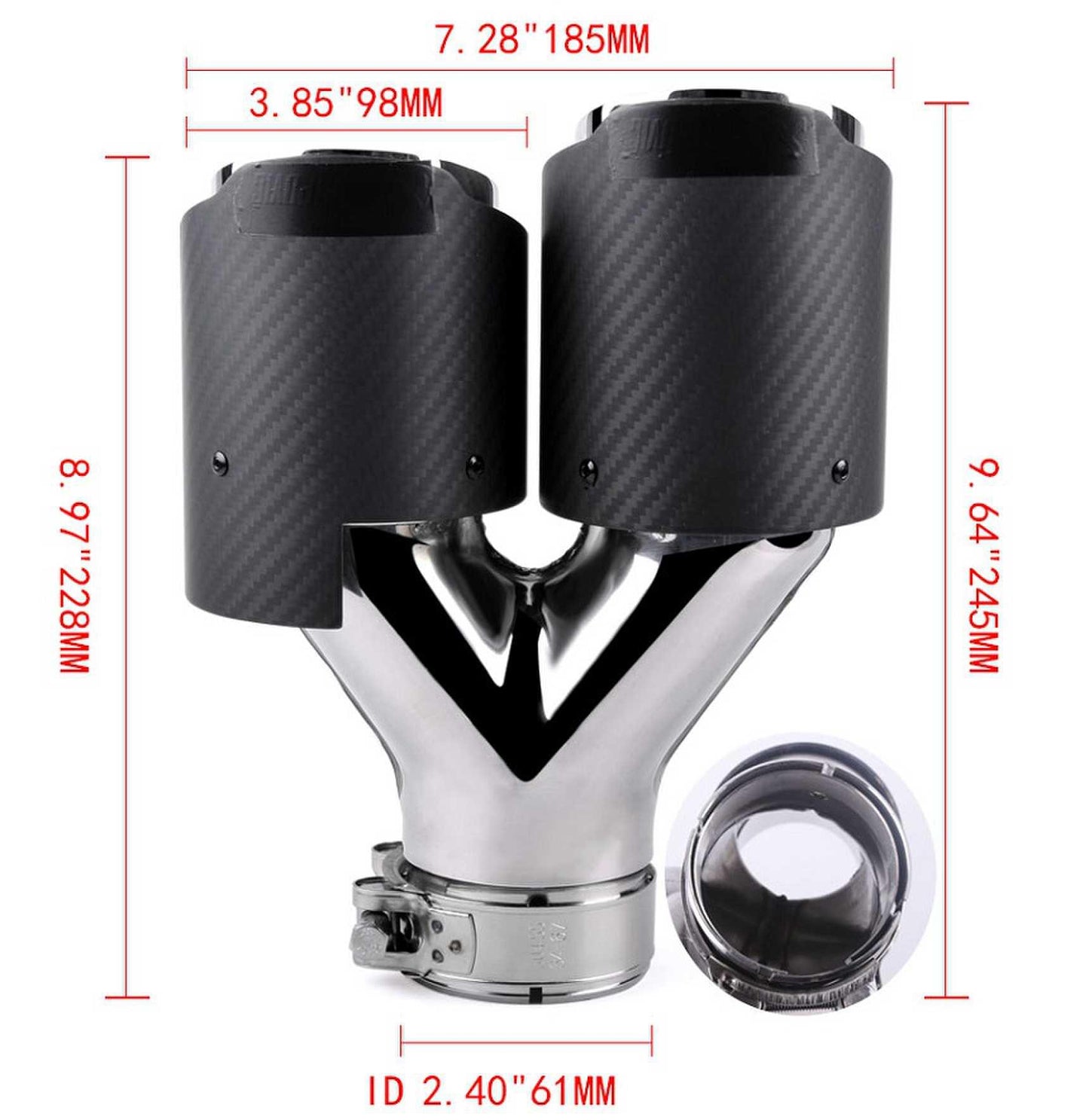 Universal Carbon Fiber Dual Exhaust Tip Double End Pipe Inlet 61mm Exhaust Tips for Volkswagen BMW Porsche