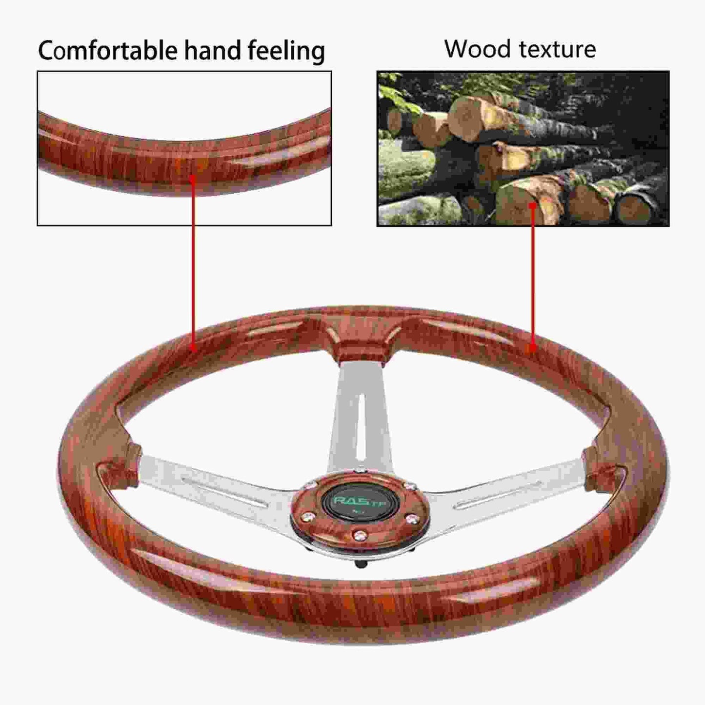 14 Inch Classic Wood Grain Steering Wheel Chrome Spoke 6 Bolt with Horn