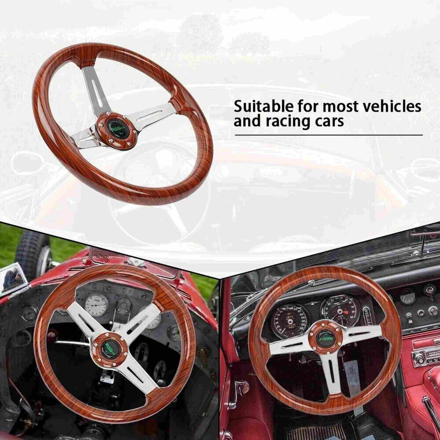 14 Inch Classic Wood Grain Steering Wheel Chrome Spoke 6 Bolt with Horn