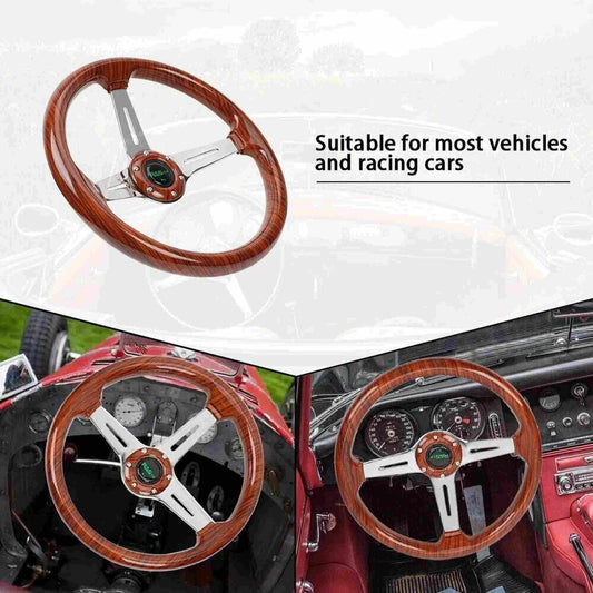 14 Inch Classic Wood Grain Steering Wheel Chrome Spoke 6 Bolt with Horn