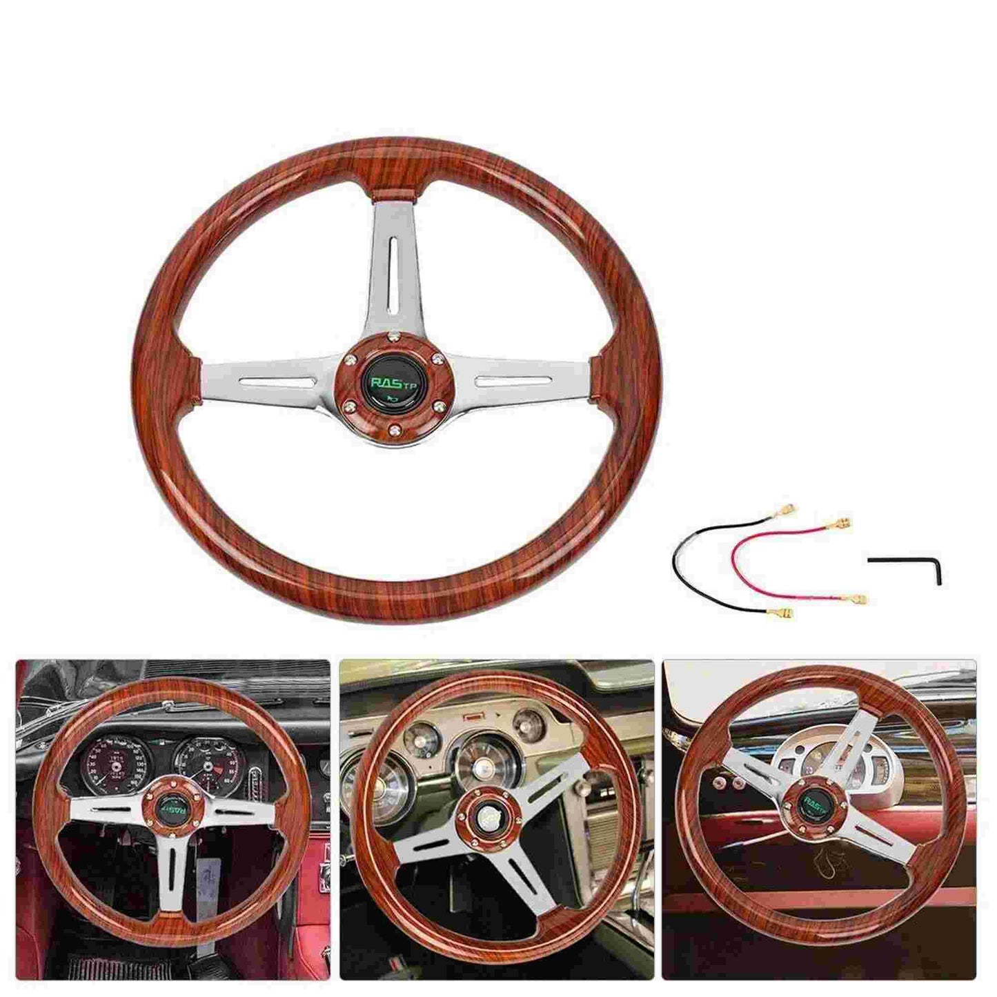 14 Inch Classic Wood Grain Steering Wheel Chrome Spoke 6 Bolt with Horn