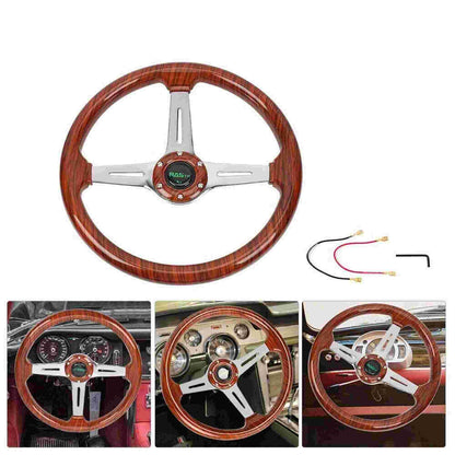 14 Inch Classic Wood Grain Steering Wheel Chrome Spoke 6 Bolt with Horn