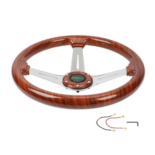 14 Inch Classic Wood Grain Steering Wheel Chrome Spoke 6 Bolt with Horn