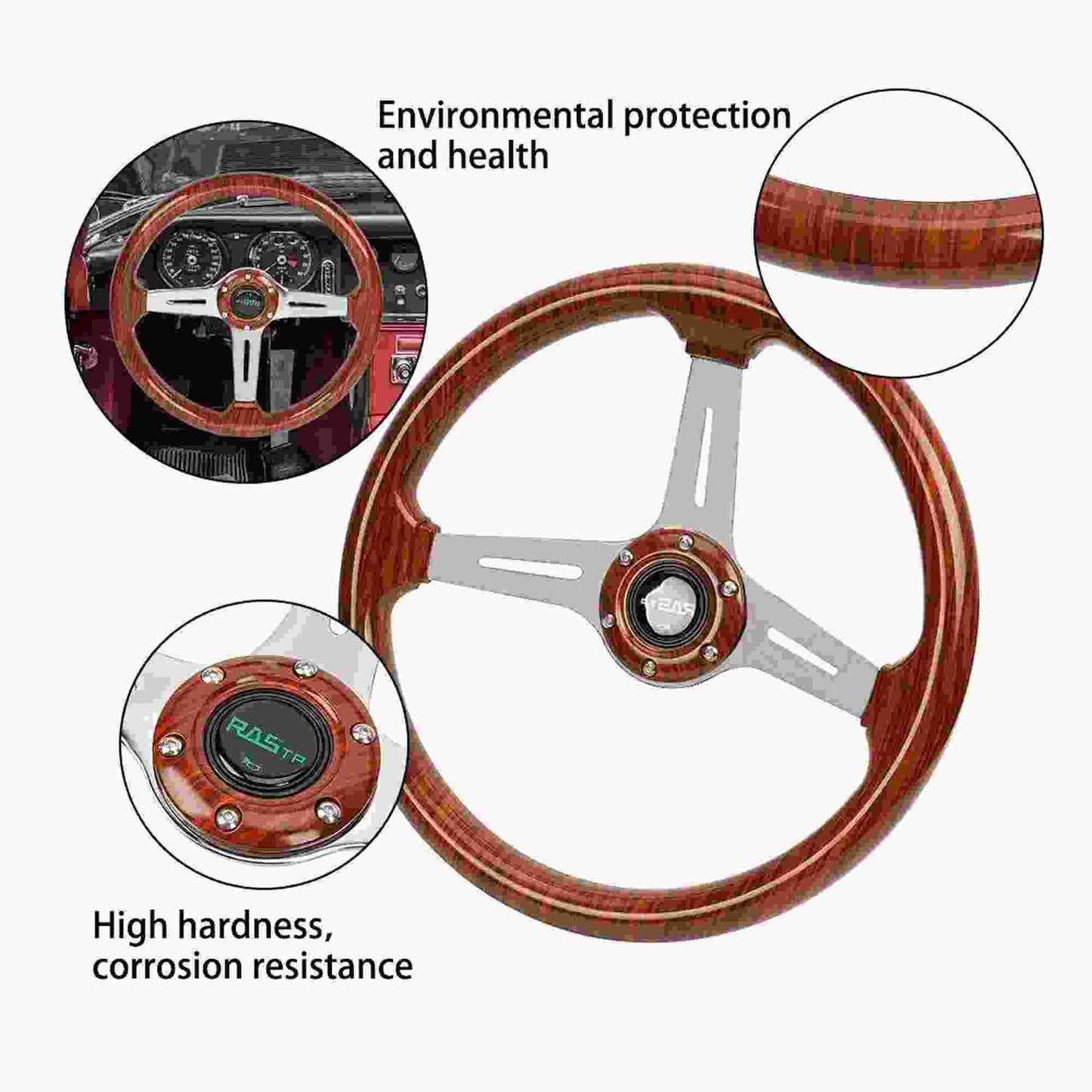 14 Inch Classic Wood Grain Steering Wheel Chrome Spoke 6 Bolt with Horn