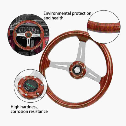 14 Inch Classic Wood Grain Steering Wheel Chrome Spoke 6 Bolt with Horn