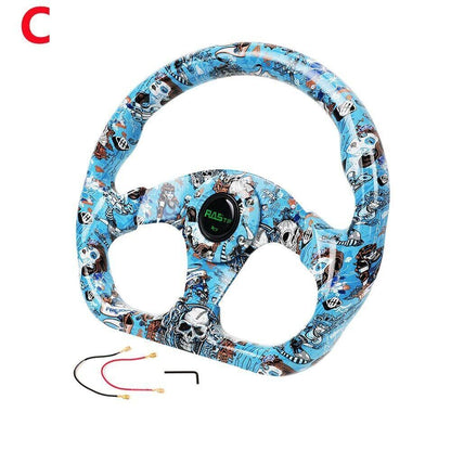 Universal 13 inch Racing Graffiti Pattern Flat Steering Wheel D Shape 6 Holes