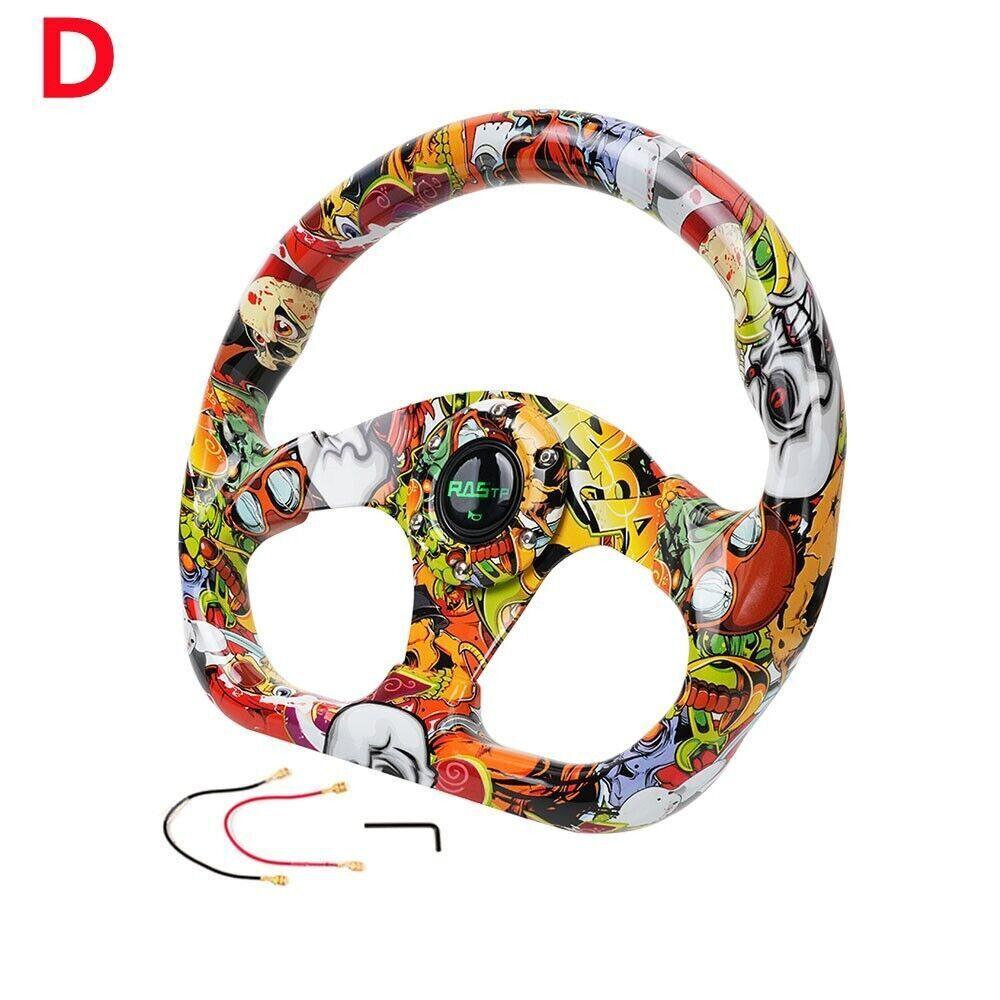 Universal 13 inch Racing Graffiti Pattern Flat Steering Wheel D Shape 6 Holes