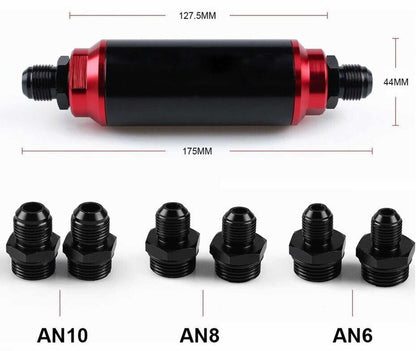 Inline Fuel Filter 60 Micron with 6AN 8AN 10AN Adapter Universal 44MM
