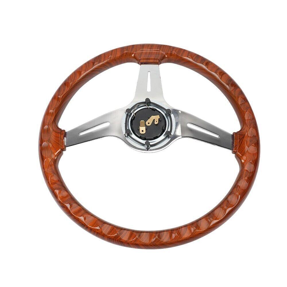 14 Inch Classic Wood Grain Steering Wheel Chrome Spoke 6 Bolt with Horn