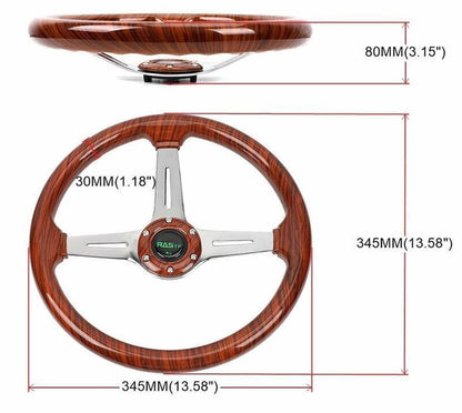 14 Inch Classic Wood Grain Steering Wheel Chrome Spoke 6 Bolt with Horn