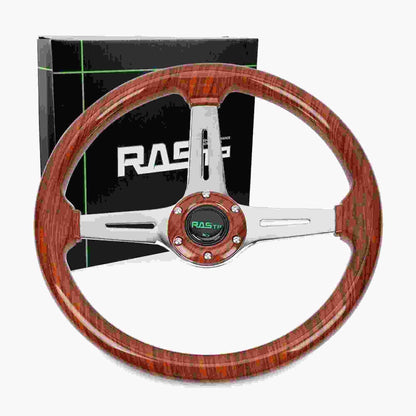 14 Inch Classic Wood Grain Steering Wheel Chrome Spoke 6 Bolt with Horn