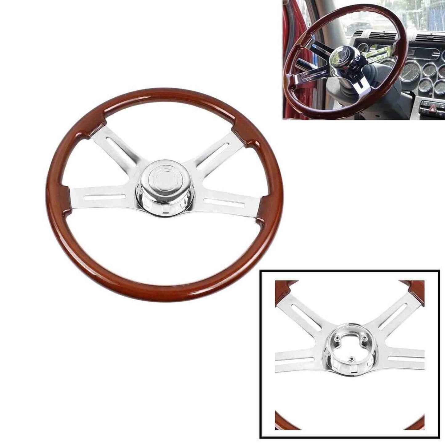 18 Inch 4 Spoke Wood Truck Steering Wheel for Freightliner, Kenworth, Peterbilt, Volvo